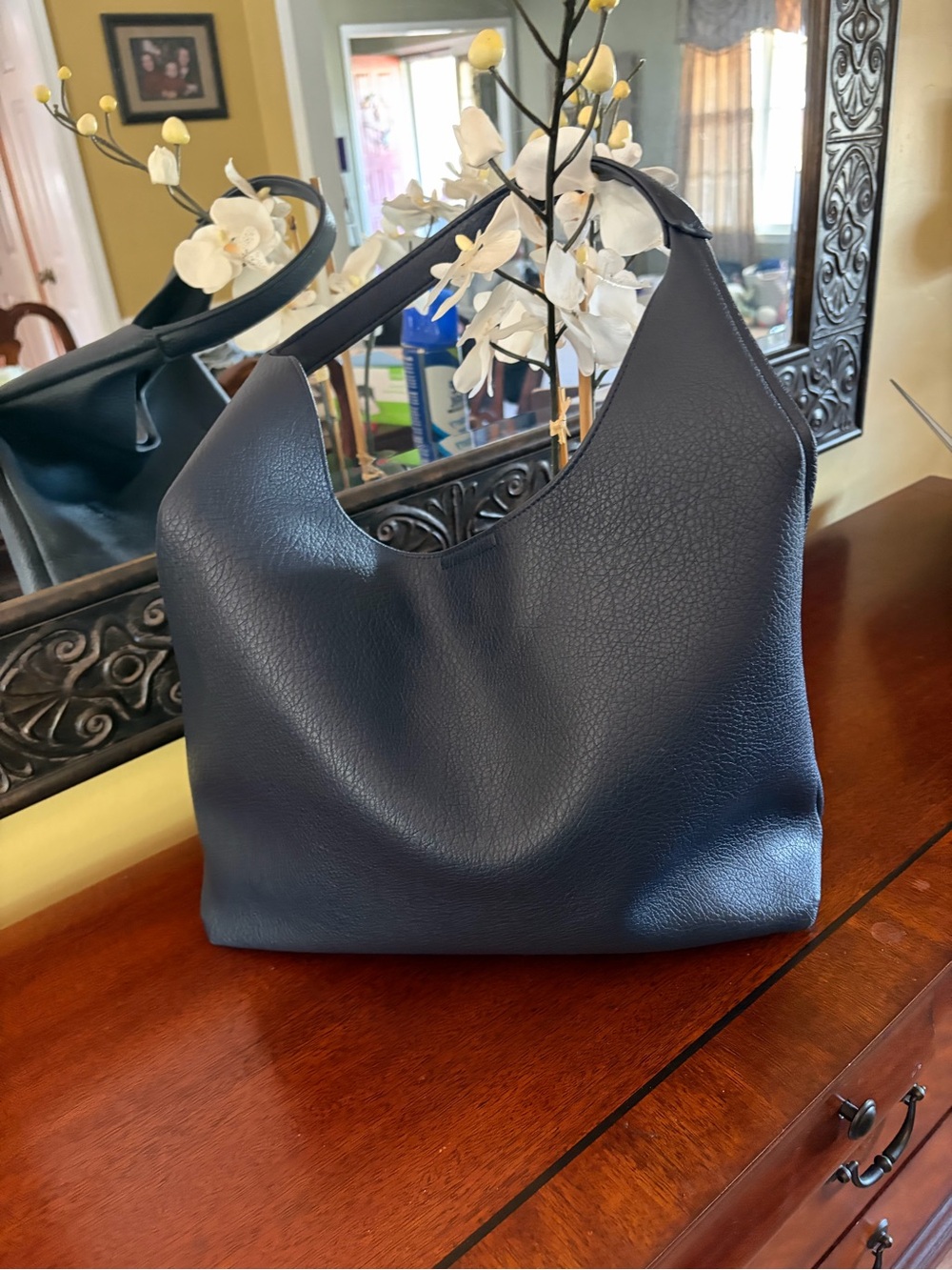 Hoxis Navy Pebbled Leather Hobo Bag - Women - Picture 1 of 11